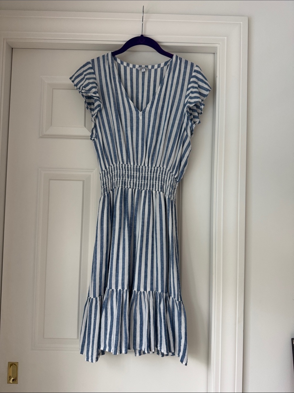 Blue and White Striped V-Neck Smocked Waist Dress